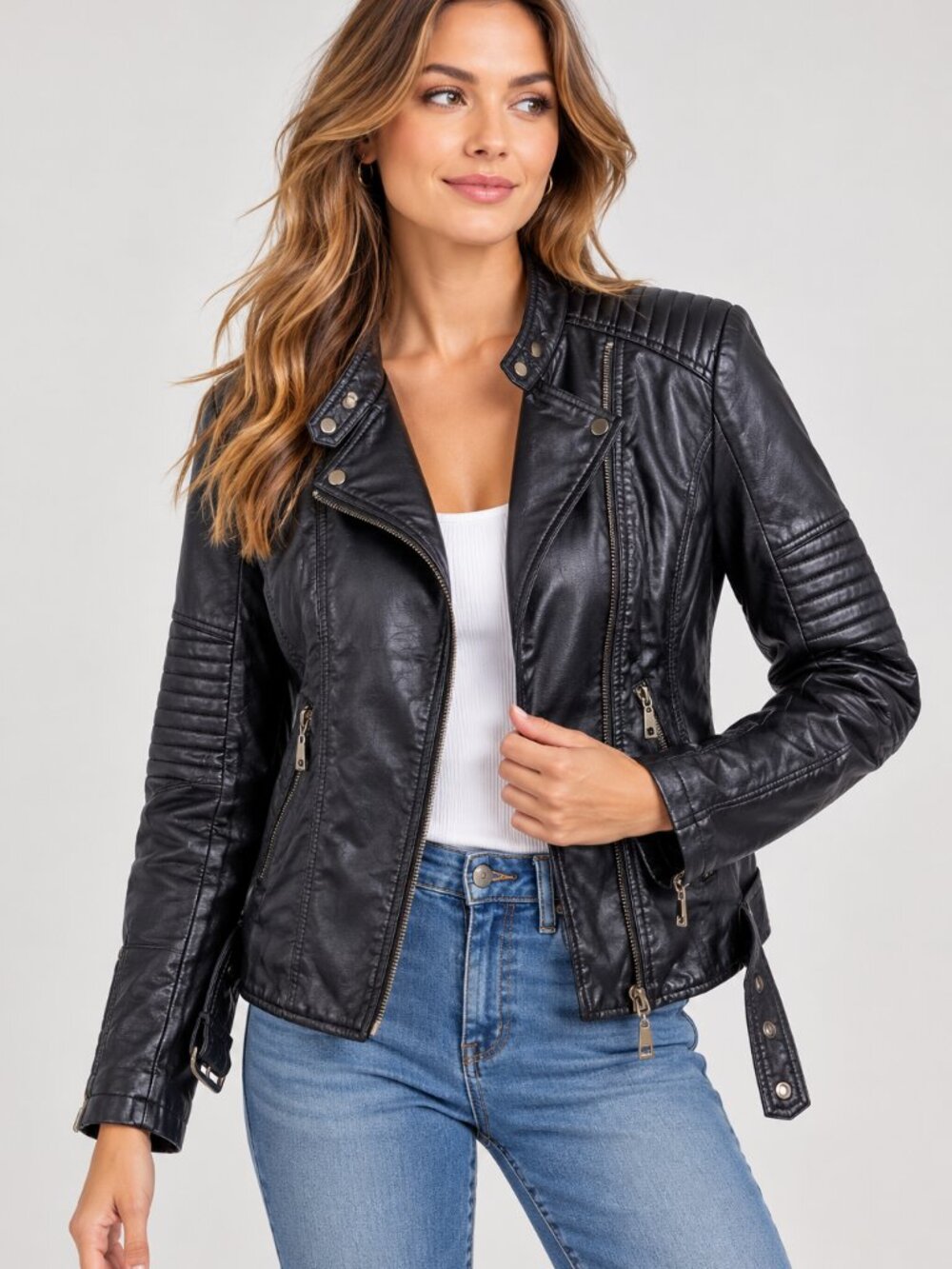 ANGMIFER Women’s M Black Faux Leather Moto Biker Jacket Quilted Zip